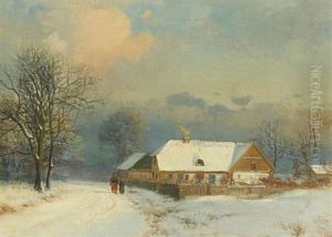 Winter Landscape With Walking Persons by Nordahl (Peter Frederik N.) Grove
