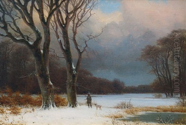 Hunter With Dog In The Winter Forest - view 1