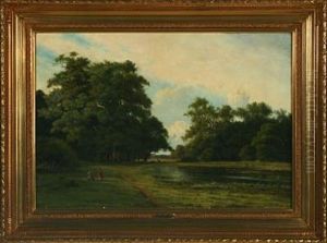 Scenery From Dyrehaven With Girls Playing In The Meadow by Nordahl (Peter Frederik N.) Grove