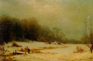 A Snowy Landscape With A Hunter And His Dog by Nordahl (Peter Frederik N.) Grove