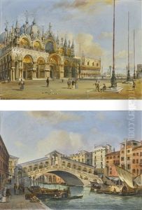 Venice, A View Of The Basilica Di San Marco; Venice, A View Of The Rialto Bridge From The South by Carlo Grubacs