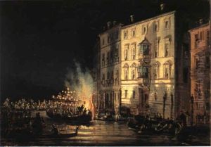 Nattescene Fra En Veneziansk Kanal Med Oplyste Gondoler Og  Fyrvaerkeri