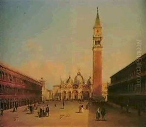 A View Of The Doges Palace And The Piazzetta;               Figures On The Piazza San Marco, Venice by Carlo Grubacs