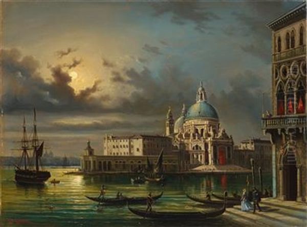 Venice By Night With The Punta Della Dogana And Santa Maria Della Salute by Giovanni Grubas