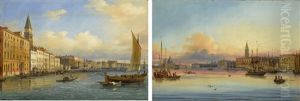 Venice, A View Of The Molo Looking East; Venice, A View Of The Entrance To The Grand Canal At Sunset by Giovanni Grubas