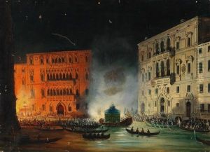 Venice - Festivities On The Grand Canal In 1838 In Honour Of Emperor Ferdinand In Front Of Palazzo Foscari And Palazzo Balbi by Giovanni Grubas