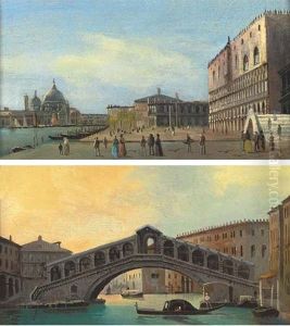 Figures Before The Doge's Palace, Venice (+ The Rialto Bridge, Venice; Pair) by Giovanni Grubas