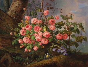 Still Life Of Roses With A Butterfly by Franz Xaver Gruber