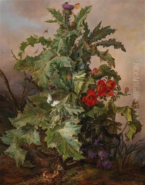 Large Thistle Still Life With Poppies, Butterflies, Spider And Snake - view 1