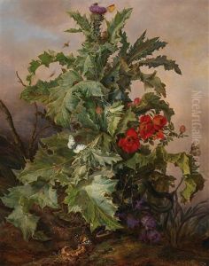 Large Thistle Still Life With Poppies, Butterflies, Spider And Snake by Franz Xaver Gruber