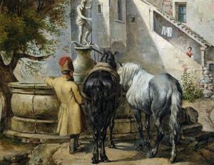 Reiter Mit Seinen Pferden Am Neptunbrunnen Eines Gehofts by Franz Xaver Gruber