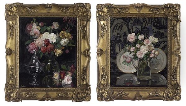 "still Life Of Pink Roses And China Plates" And "floral Still Life With A Glass Dish" - view 1