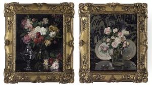 "still Life Of Pink Roses And China Plates" And "floral Still Life With A Glass Dish" by Jules Alexandre Gruen