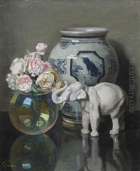 Still Life With Urn, Porcelain Elephant And Roses In A Glass Bowl - view 1