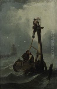 Lighting A Lantern At The Shoreline by E. Bailly