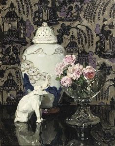 Still Life With Porcelain Elephant And Roses In A Glass Bowl by Jules Alexandre Gruen