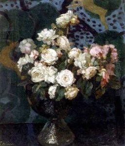 A Still Life With White And Pink Roses In A Glass Vase by Jules Alexandre Gruen