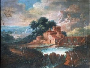 Paysage Italien Avec Cascade Et Personnages by Norbert Joseph Carl Grund