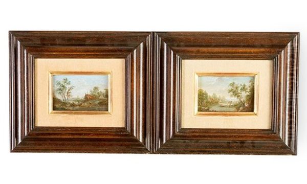 Pair Of River Landscapes With People, Boats And Houses - view 1