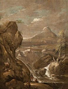 Italska Hornata Krajina S Vodopadem A Rybarem by Norbert Joseph Carl Grund