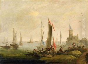 Sailing Ships Landing Beneath A Fortress by Norbert Joseph Carl Grund