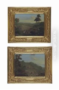 A Wooded Landscape With Travellers, A Viaduct Beyond; And A Wooded Landscape With Herdsmen By A Pond And Travellers Beyond (pair) by Norbert Joseph Carl Grund