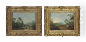 A Wooded Landscape With Travellers By A Ruined Fountain; And A Wooded River Landscape With Travellers On A Bridge, Mountains Beyond (pair) by Norbert Joseph Carl Grund