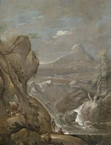 Gebirgslandschaft Mit Wasserfall Und Rastenden Hirten by Norbert Joseph Carl Grund