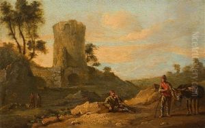 Sudliche Landschaft Mit Packeseltreibern Und Ruine by Norbert Joseph Carl Grund