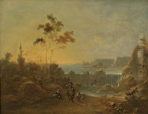 Flusslandschaft Mit Einem Wasserfall Und Einem Reiter by Norbert Joseph Carl Grund
