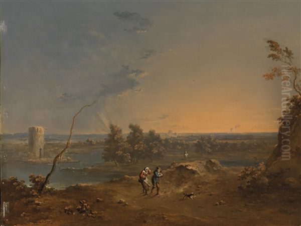 Flusslandschaft Bei Aufkommendem Gewitter Mit Wanderern Und Einem Rundturm - view 1