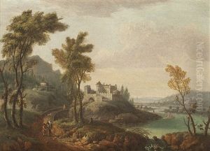 Hugelige Landschaft Mit Festungsanlage Und Personenstaffage An Nahegelegenem Fluss