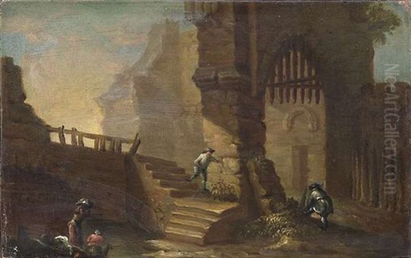 Wascherinnen Und Andere Figuren Vor Dem Eingang Eines Ruinosen Schlosses - view 1