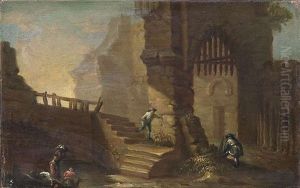 Wascherinnen Und Andere Figuren Vor Dem Eingang Eines Ruinosen Schlosses by Norbert Joseph Carl Grund