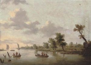 A Wooded River Landscape With Anglers And A Cottage Beyond (+ A River Landscape With Anglers In Boats, A Village Beyond; Pair) by Norbert Joseph Carl Grund