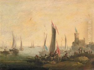 A Rocky Coastal Landscape With Moored Ships, Figures On A Path, A Fortress In The Distance by Norbert Joseph Carl Grund