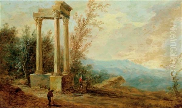Landschaft Mit Drei Saulen, Resten Eines Antiken Tempels (+ Landschaft Mit Einem Antiken Triumphbogen; Pair) - view 1