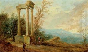 Landschaft Mit Drei Saulen, Resten Eines Antiken Tempels (+ Landschaft Mit Einem Antiken Triumphbogen; Pair) by Norbert Joseph Carl Grund