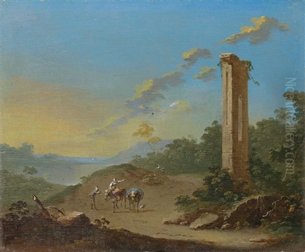 Sudliche Landschaft Mit Einer Ruine, Als Staffage Eine Maultierreiterin Und Ein Mann - view 1