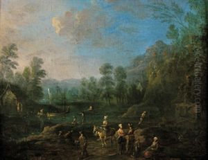 Bewaldete Flusslandschaft Mit Booten Und Vielen Figuren by Norbert Joseph Carl Grund