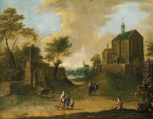 Landschaft Mit Einem Steinernen Brunnen, Einer Kirche Und Figuren Landschaft Mit Einem Steinernen Brunnen, Einer Kirche Und Figuren