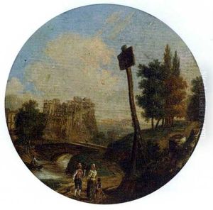 A Wooded River Landscape With Travellers On A Bridge (+ A River Landscape With Peasants On A Path; Pair) by Norbert Joseph Carl Grund