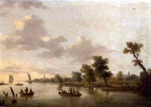 A Landscape With Anglers At A Pond, A Cottage Beyond (+ Anglers And Merry-makers In Boats On A River, Village Beyond; Pair) by Norbert Joseph Carl Grund