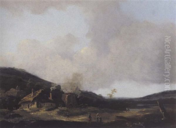 Hugelige Landschaft Mit Einem Bauernhaus Und Figuren - view 1