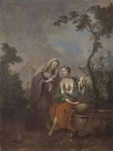 Parklandschaft, Am Brunnen Sitzt Eine Junge Frau Und Unterhalt Sich Mit Einer Alten