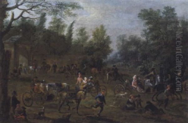 Elegante Paare Auf Einspannern, Landvolk Und Ein Laufer In Einer Waldlandschaft - view 1