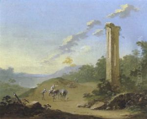 Landschaft  Mit Mauerruine Und Einer Maultiertreiberin