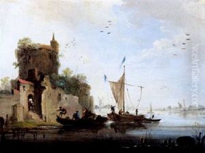 Fluslandschaft Mit Fischer Vor Einer Turmruine by Norbert Joseph Carl Grund