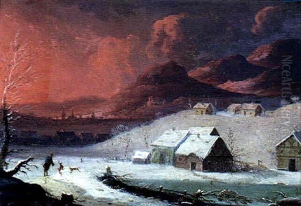 Village Sous La Neige Avec Un Paysan Jouant Avec Son Chien - view 1