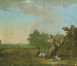Ein Jager Miat Hunden Und Seiner Jagdbeute, Am Waldrand An Einem Baumstumpf Lehnend